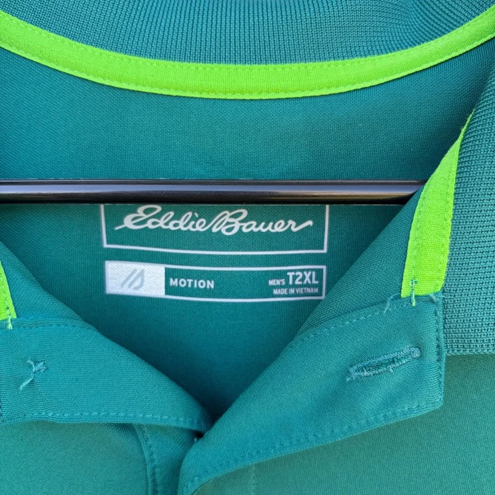 Eddie Bauer Motion Mens Polo Shirt T2XL Tall Green Performance Short Sleeve‎